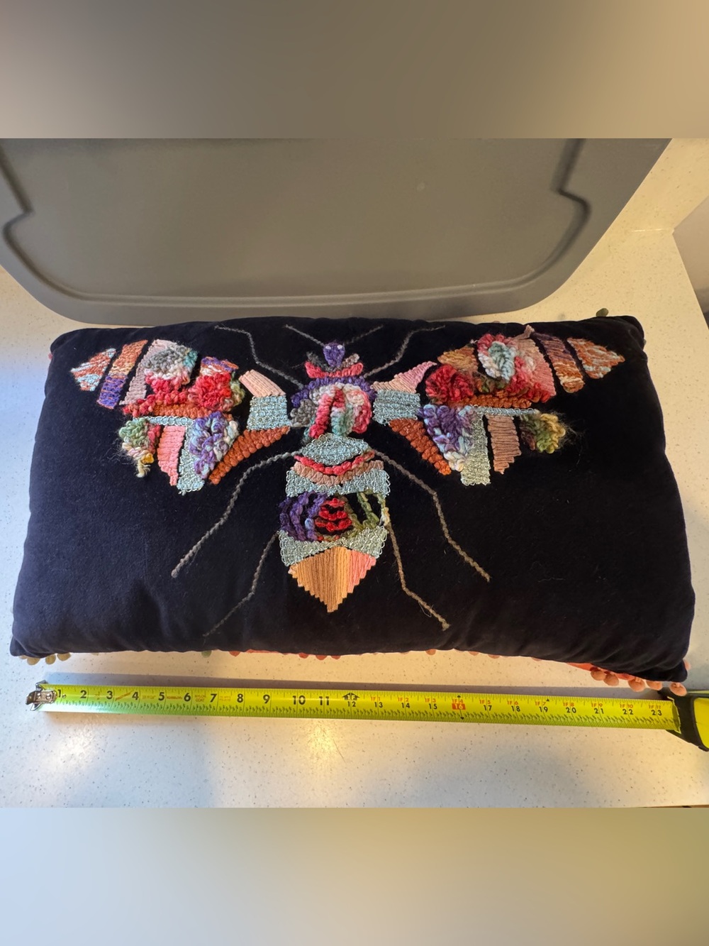 World Market- Handmade Hooked Bee Pillow in Multicolor on Black - Picture 9 of 11